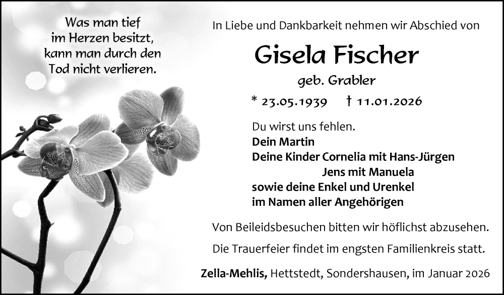  Traueranzeige für Gisela Fischer vom 17.01.2026 aus Südthüringer Presse