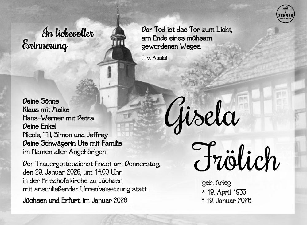  Traueranzeige für Gisela Frölich vom 24.01.2026 aus Südthüringer Presse