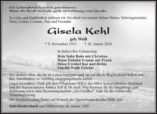 Traueranzeige von Gisela Kehl von Südthüringer Presse
