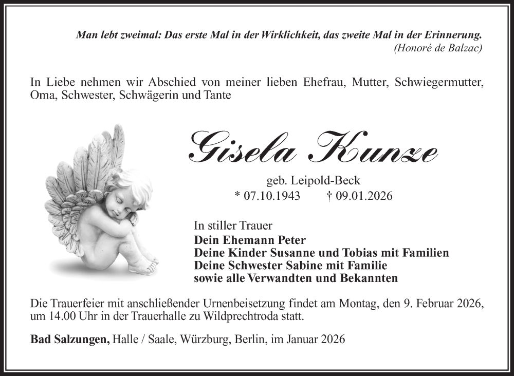  Traueranzeige für Gisela Kunze vom 31.01.2026 aus Südthüringer Presse