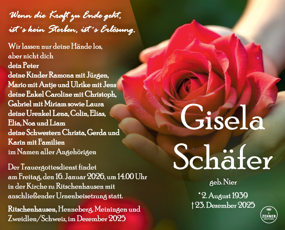  Traueranzeige für Gisela Schäfer vom 09.01.2026 aus Südthüringer Presse