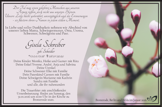 Traueranzeige von Gisela Schreiber von Südthüringer Presse