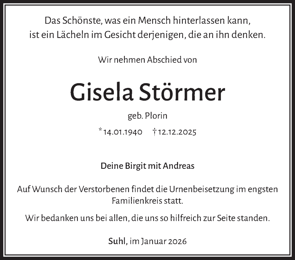  Traueranzeige für Gisela Störmer vom 03.01.2026 aus Südthüringer Presse