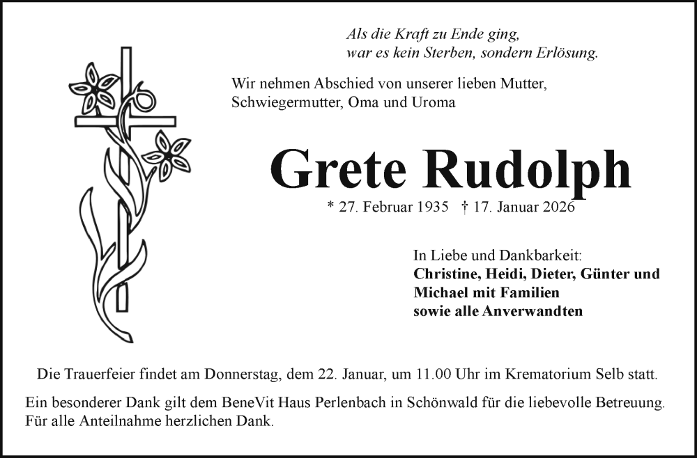  Traueranzeige für Grete Rudolph vom 21.01.2026 aus Frankenpost
