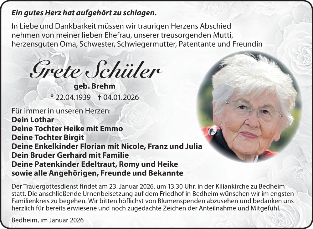  Traueranzeige für Grete Schüler vom 10.01.2026 aus Südthüringer Presse