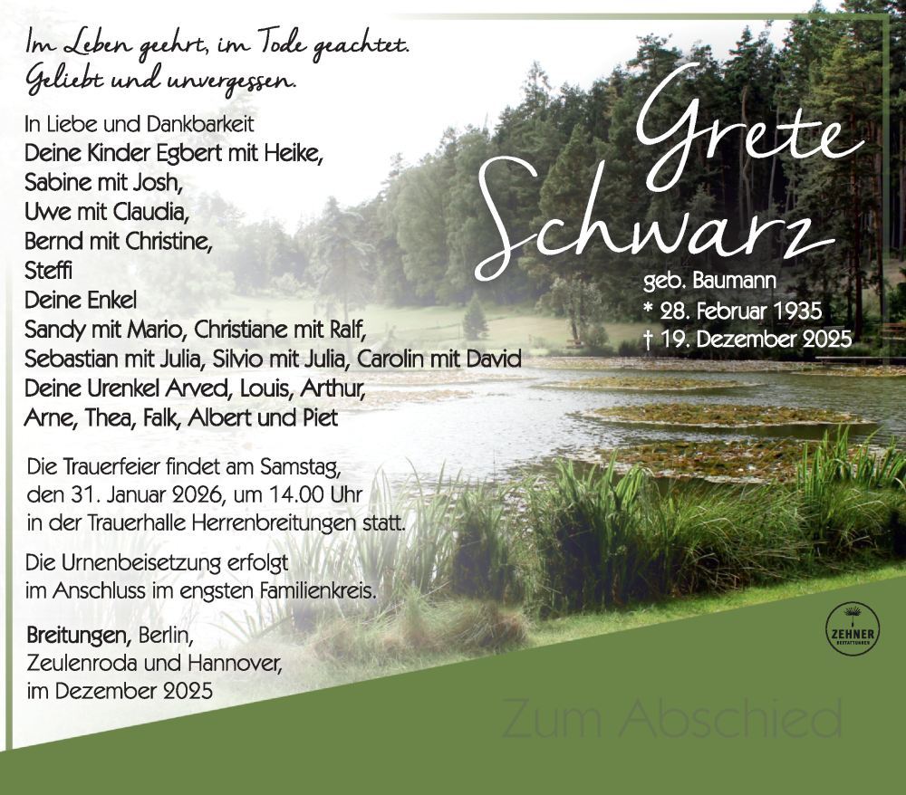  Traueranzeige für Grete Schwarz vom 24.01.2026 aus Südthüringer Presse