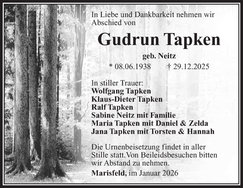  Traueranzeige für Gudrun Tapken vom 17.01.2026 aus Südthüringer Presse