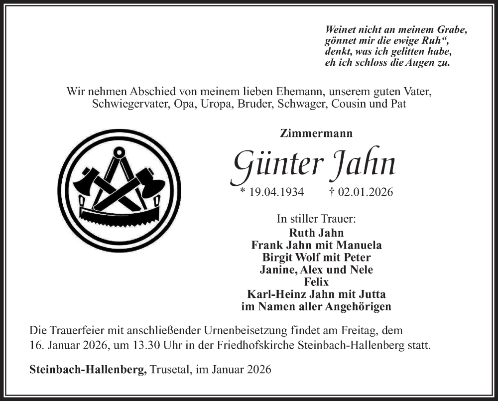  Traueranzeige für Günter Jahn vom 10.01.2026 aus Südthüringer Presse