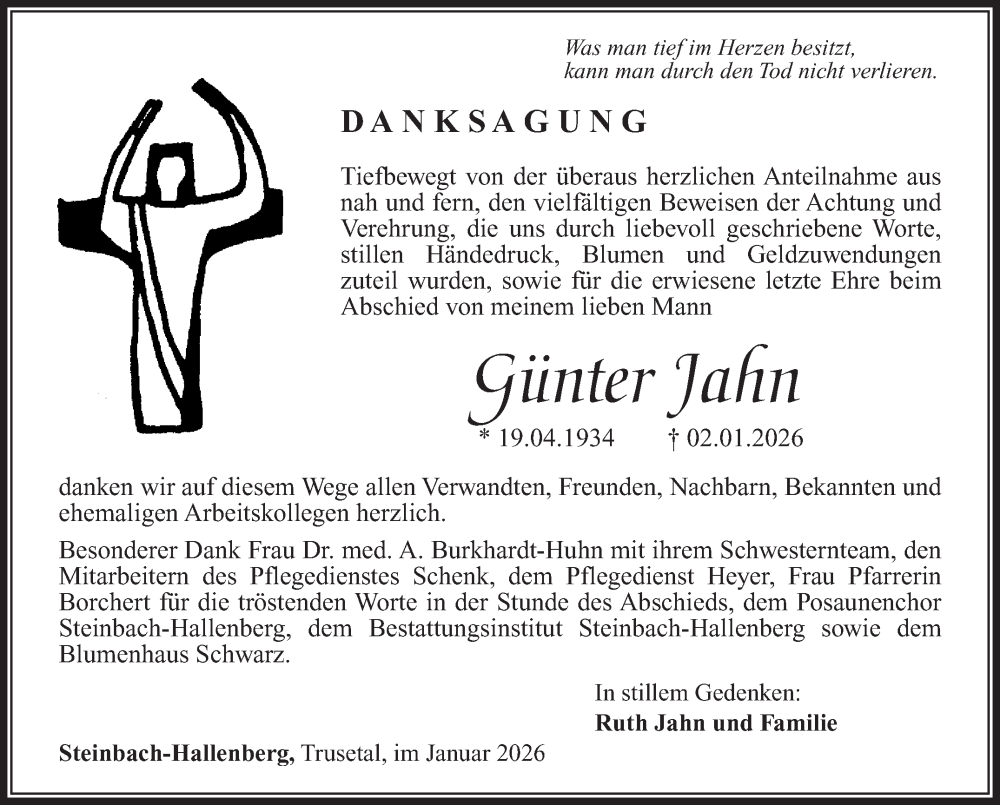  Traueranzeige für Günter Jahn vom 31.01.2026 aus Südthüringer Presse