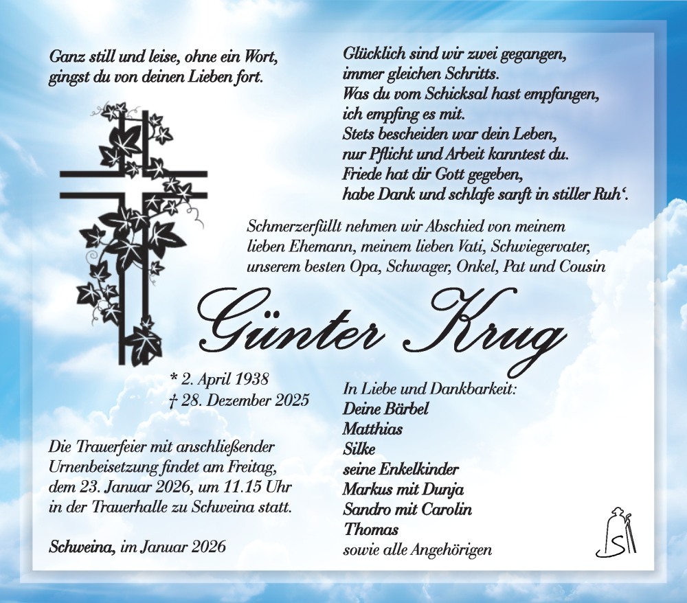  Traueranzeige für Günter Krug vom 17.01.2026 aus Südthüringer Presse