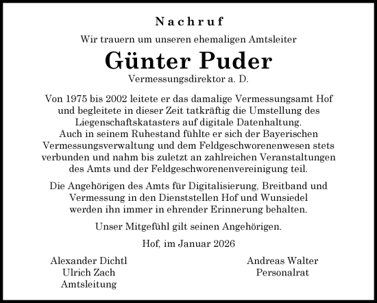 Traueranzeige von Günter Puder von Frankenpost