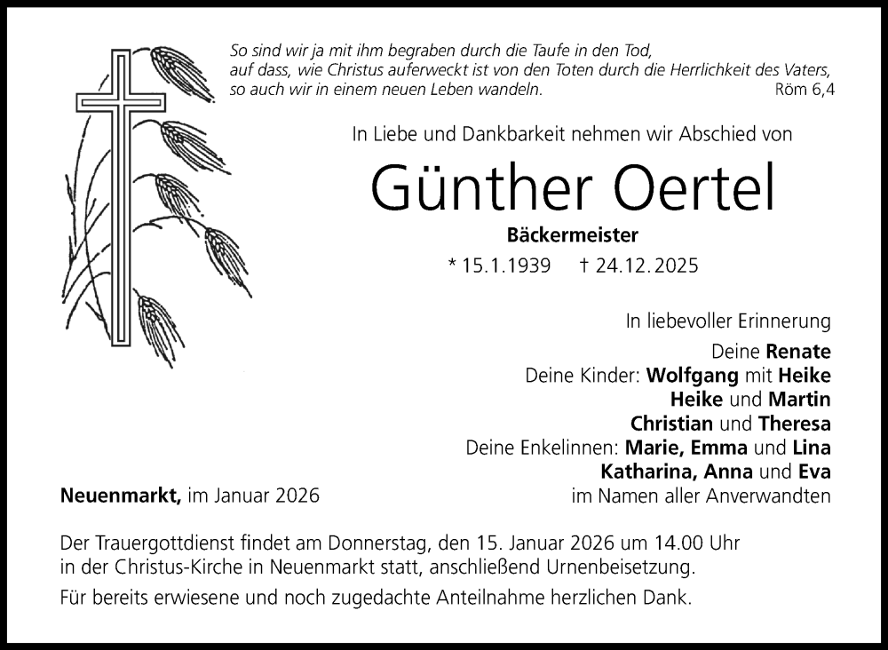  Traueranzeige für Günther Oertel vom 10.01.2026 aus Frankenpost