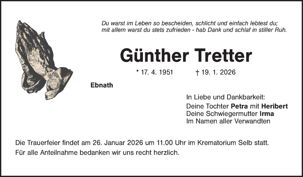  Traueranzeige für Günther Tretter vom 24.01.2026 aus Frankenpost