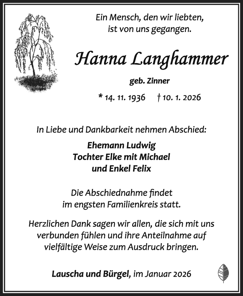  Traueranzeige für Hanna Langhammer vom 31.01.2026 aus Südthüringer Presse