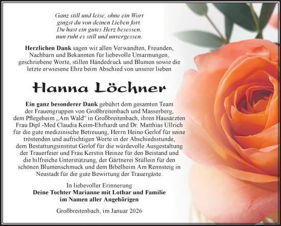 Traueranzeige von Hanna Löchner von Südthüringer Presse