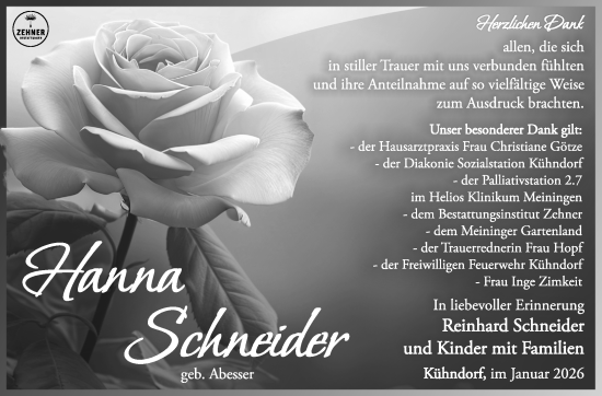 Traueranzeige von Hanna Schneider von Südthüringer Presse