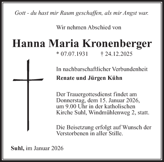 Traueranzeige von Hanna Maria Kronenberger von Südthüringer Presse