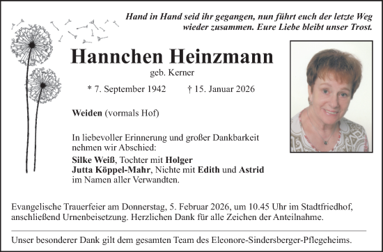 Traueranzeige von Hannchen Heinzmann von Frankenpost