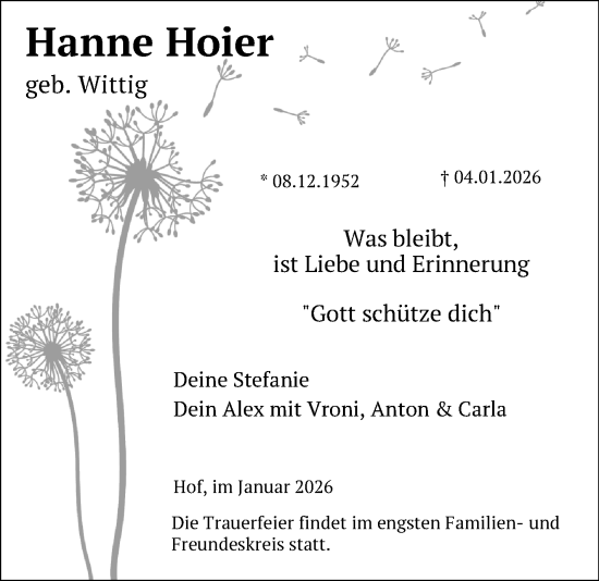 Traueranzeige von Hanne Hoier von Frankenpost
