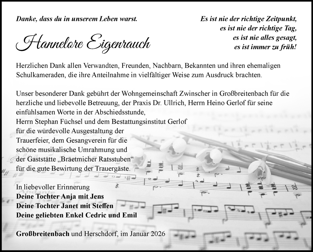  Traueranzeige für Hannelore Eigenrauch vom 10.01.2026 aus Südthüringer Presse