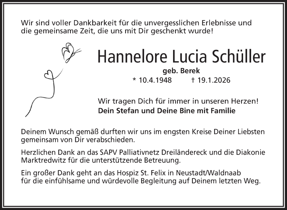  Traueranzeige für Hannelore Schüller vom 27.01.2026 aus Frankenpost