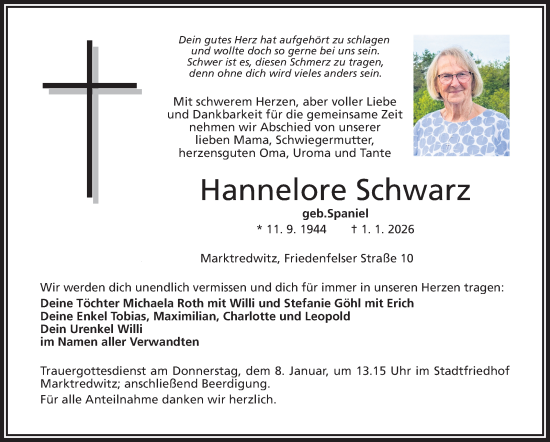 Traueranzeige von Hannelore Schwarz von Frankenpost