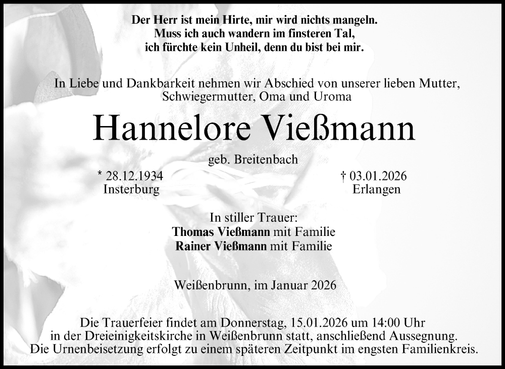  Traueranzeige für Hannelore Vießmann vom 10.01.2026 aus Neue Presse Coburg