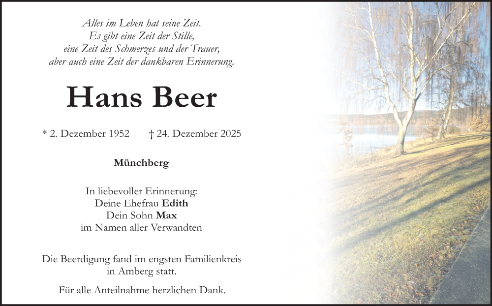  Traueranzeige für Hans Beer vom 10.01.2026 aus Frankenpost