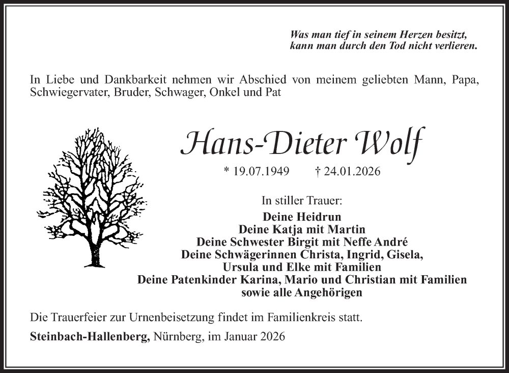 Traueranzeige für Hans-Dieter Wolf vom 31.01.2026 aus Südthüringer Presse