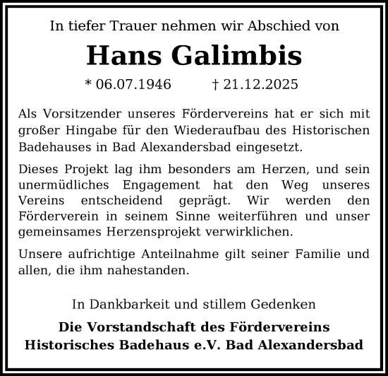 Traueranzeige von Hans Galimbis von Frankenpost