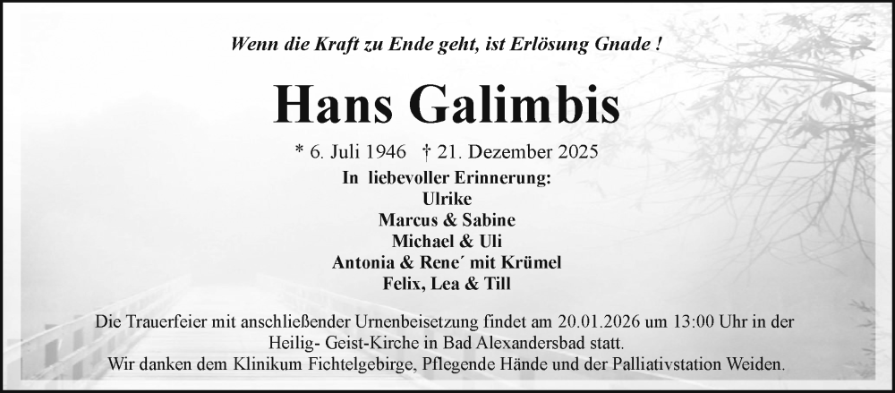  Traueranzeige für Hans Galimbis vom 17.01.2026 aus Frankenpost