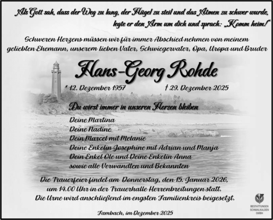 Traueranzeige von Hans-Georg Rohde von Südthüringer Presse