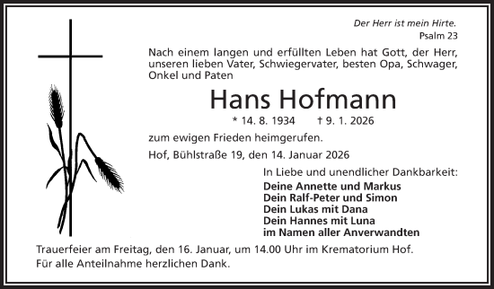 Traueranzeige von Hans Hofmann von Frankenpost