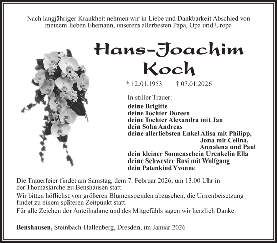 Traueranzeige von Hans-Joachim Koch von Südthüringer Presse