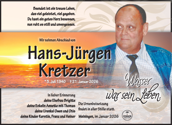 Traueranzeige von Hans-Jürgen Kretzer von Südthüringer Presse