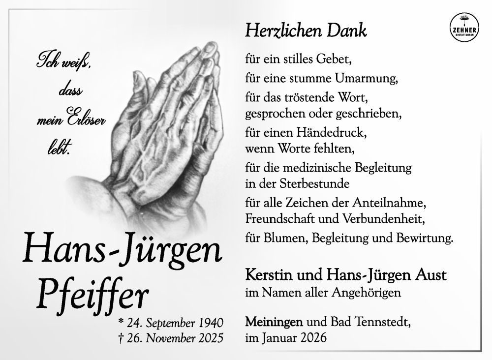  Traueranzeige für Hans-Jürgen Pfeiffer vom 10.01.2026 aus Südthüringer Presse