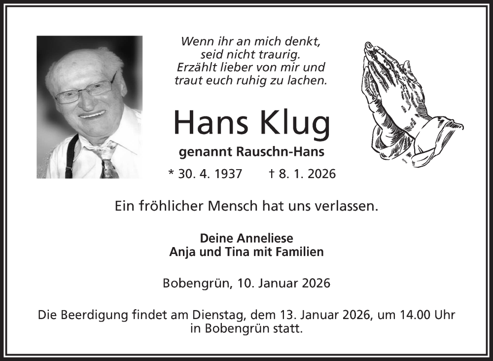  Traueranzeige für Hans Klug vom 10.01.2026 aus Frankenpost