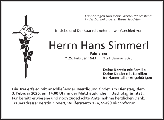 Traueranzeige von Hans Simmerl von Frankenpost