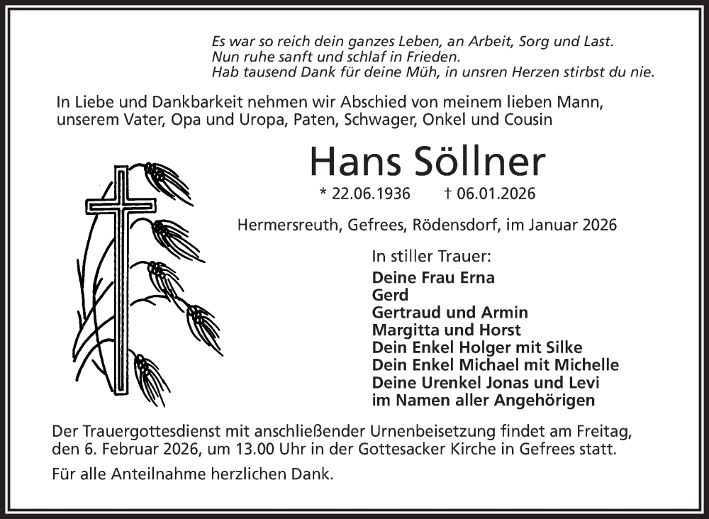  Traueranzeige für Hans Söllner vom 31.01.2026 aus Frankenpost