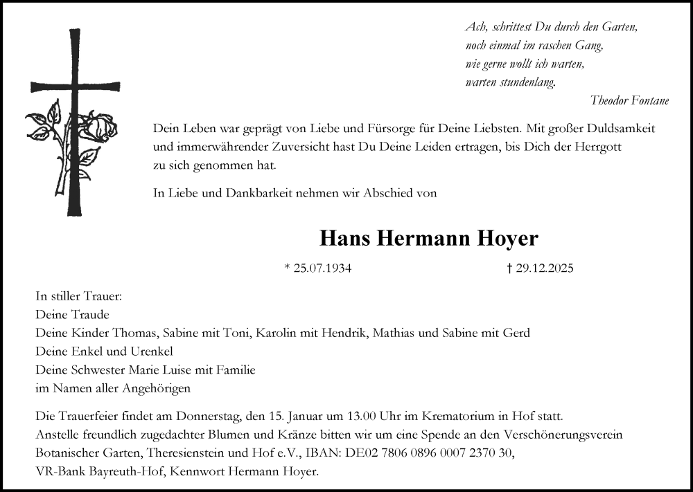  Traueranzeige für Hans Hermann Hoyer vom 10.01.2026 aus Frankenpost