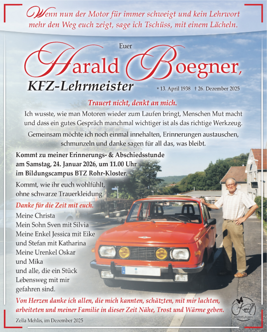 Traueranzeige von Harald Boegner von Südthüringer Presse