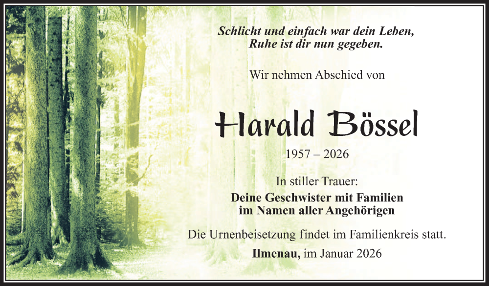  Traueranzeige für Harald Bössel vom 17.01.2026 aus Südthüringer Presse