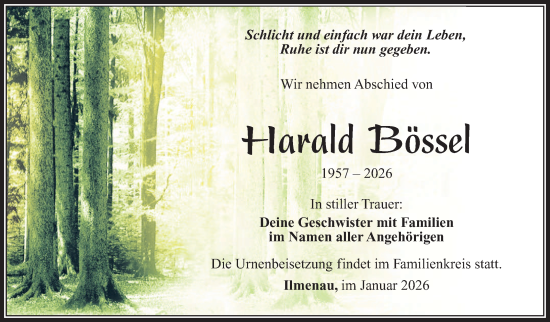 Traueranzeige von Harald Bössel von Südthüringer Presse