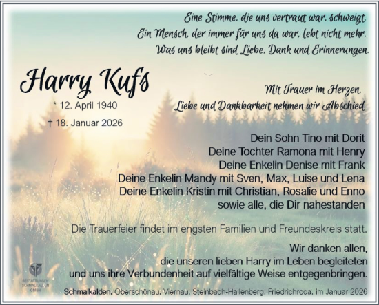 Traueranzeige von Harry Kufs von Südthüringer Presse