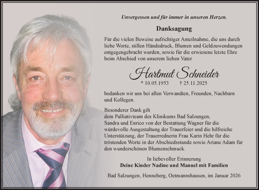  Traueranzeige für Hartmut Schneider vom 24.01.2026 aus Südthüringer Presse