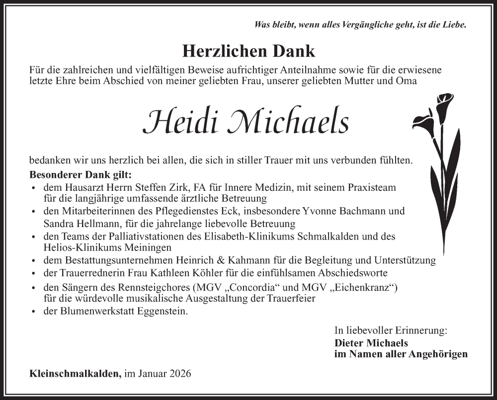  Traueranzeige für Heidi Michaels vom 31.01.2026 aus Südthüringer Presse
