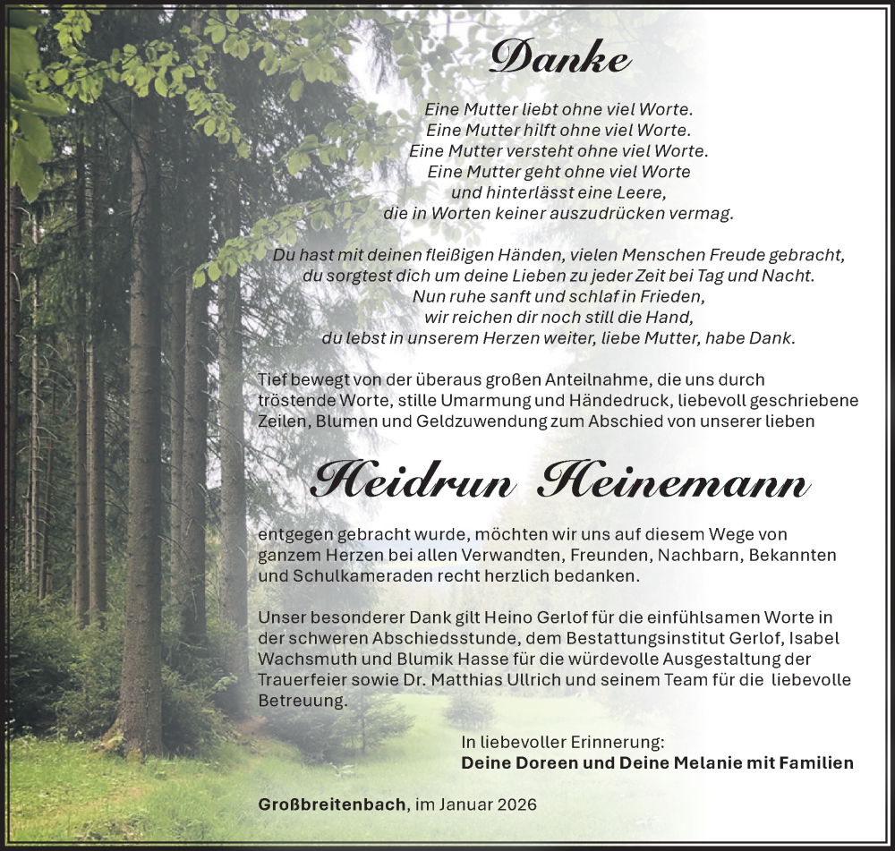  Traueranzeige für Heidrun Heinemann vom 31.01.2026 aus Südthüringer Presse