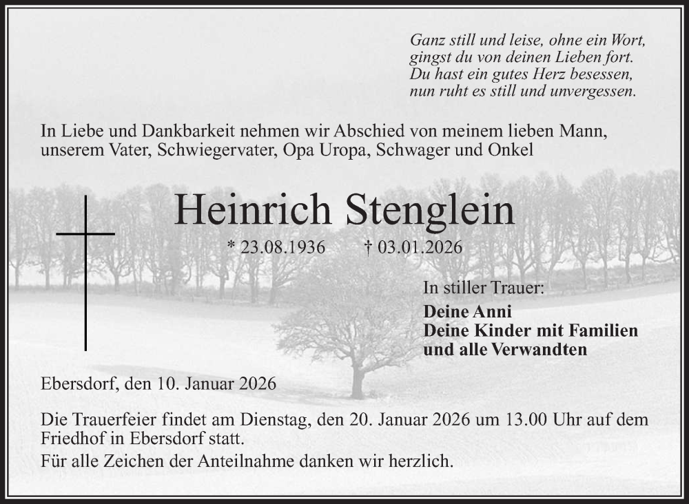  Traueranzeige für Heinrich Stenglein vom 10.01.2026 aus Neue Presse Coburg