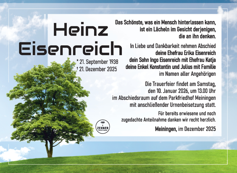  Traueranzeige für Heinz Eisenreich vom 03.01.2026 aus Südthüringer Presse