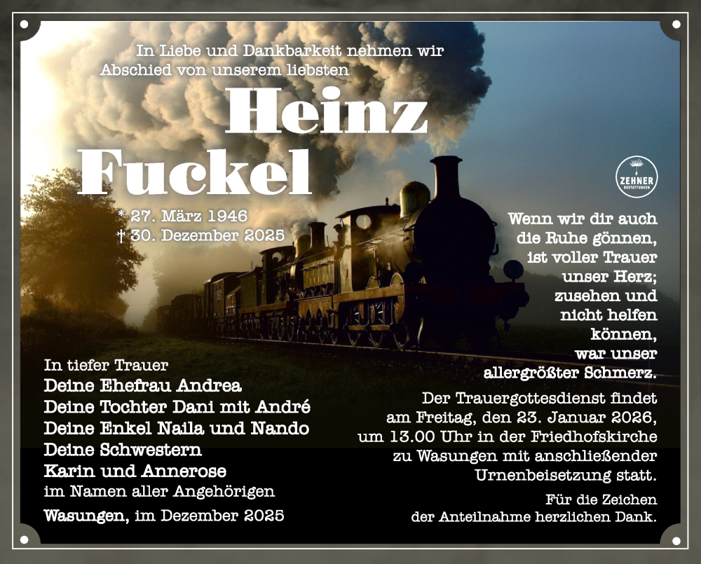  Traueranzeige für Heinz Fuckel vom 10.01.2026 aus Südthüringer Presse